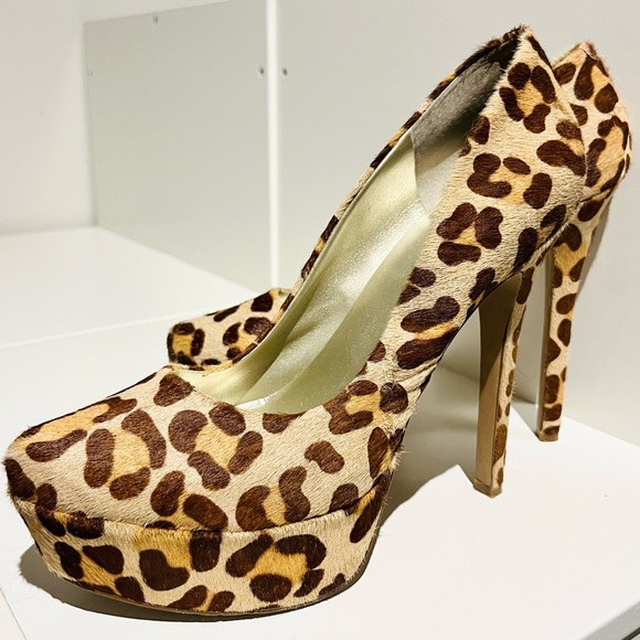 Cowhide Leopard Print Platform Heels - Picture 1 of 5